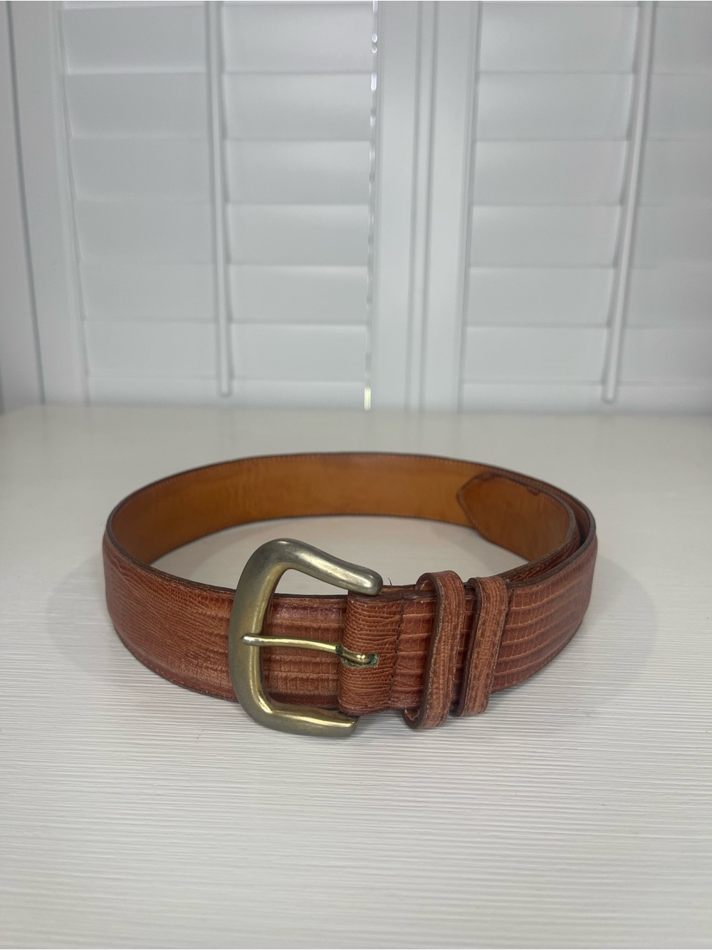Omega Lizard Design Cognac Leather Belt with Brass Buckle Made in USA